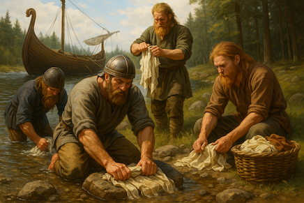 Digital illustration of Vikings washing clothes by a river, showing how Vikings washed their clothes before modern laundromats.