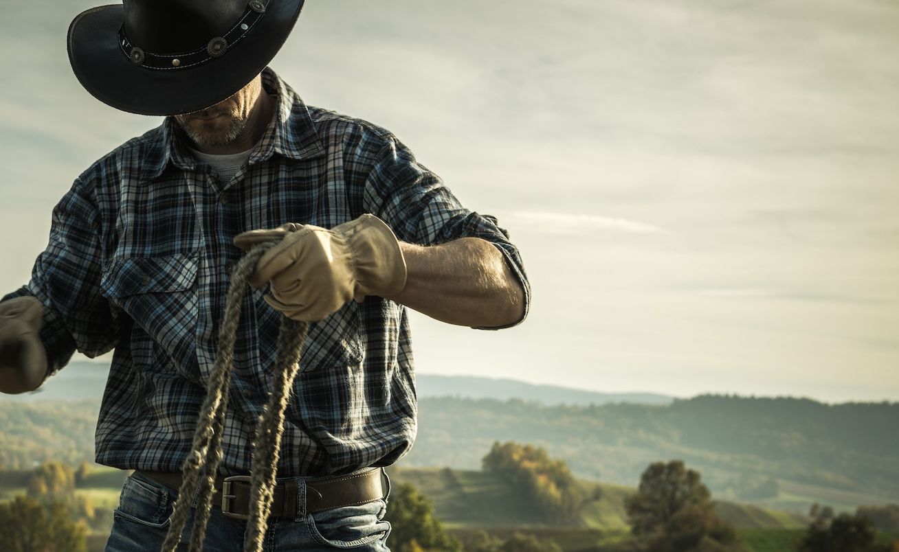 Cowboy in a plaid shirt and gloves holding rope outdoors with hills in the background