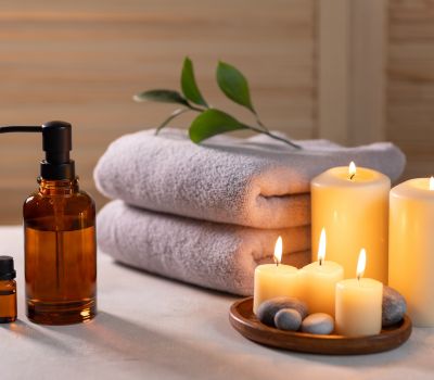Stacked spa towels with burning candles and essential oil bottles on a table, representing clean linens in a wellness setting.